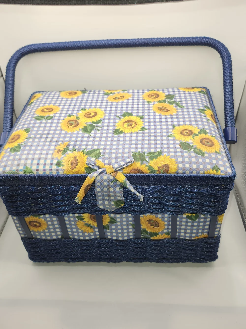 Vtg Wicker Sewing Basket Blue With Sunflowers Notions Storage Box With Handle